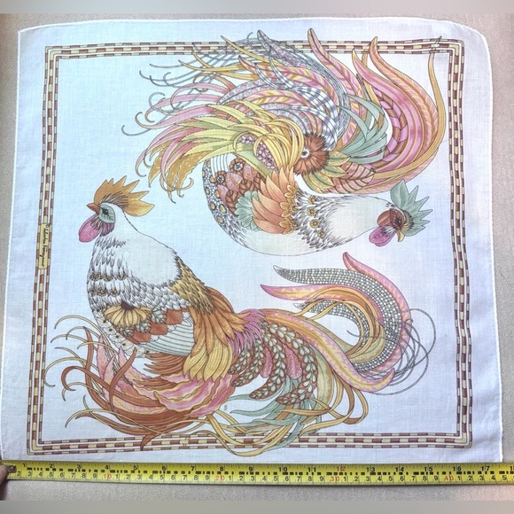 Vintage Italian Salvatore Ferragamo Scarf With 2 Colorful Roosters, 16.5”x17.5” - Picture 9 of 10